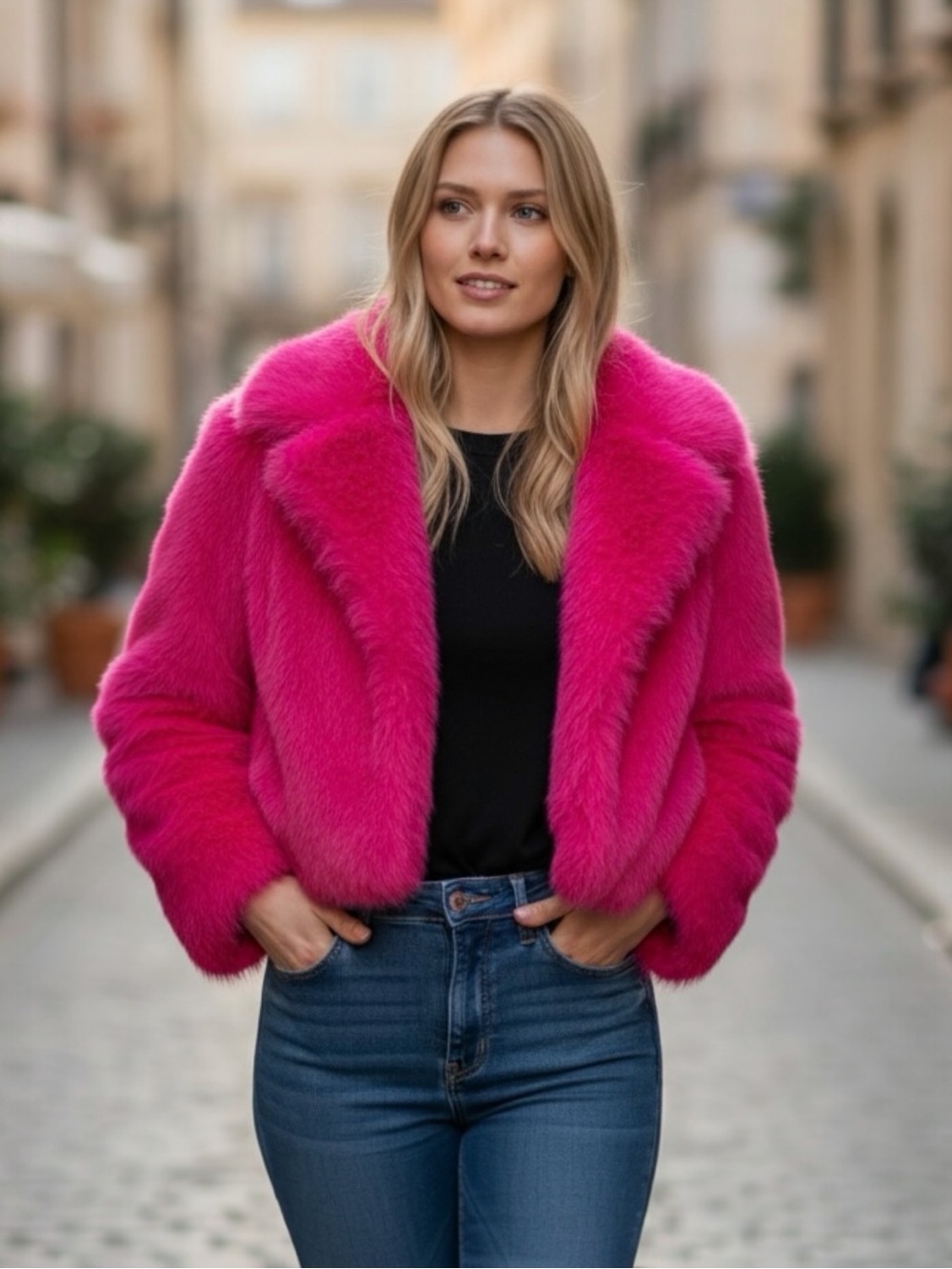 Women's Hot Pink Faux Fur Teddy Jacket
